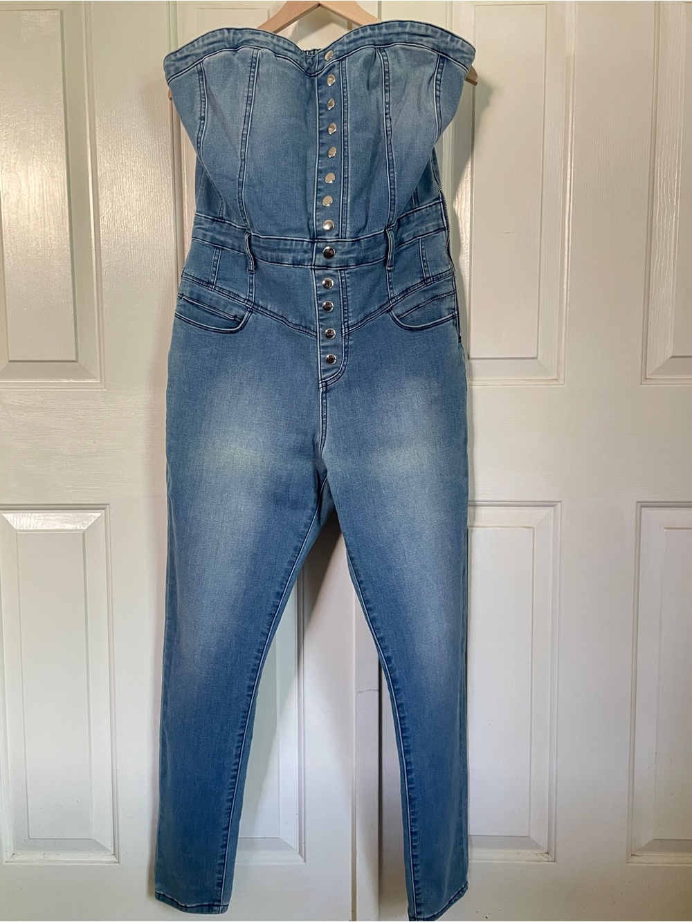 bebe Strapless Bustier Denim Jumpsuit, Skinny Leg, Sz 32 Retro Y2k